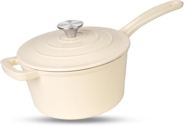 Cream White Enameled Cast Iron Saucepan